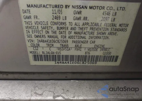 2006 Nissan Maxima 3.5 Sl из США, поврежденный, VIN 1N4BA41E06C825069